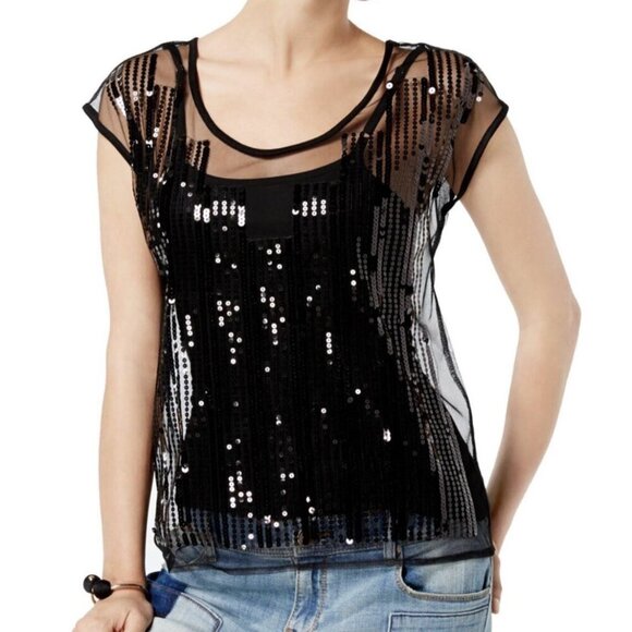 NWT INC Black Jubilant 2 piece Sheer Sequin Top with Built in Camisole, Size M - Picture 2 of 16